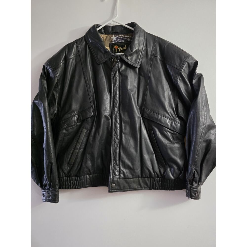 Vintage Reed Sportswear Leather Bomber Jacket Lined Mens R48 Black Military